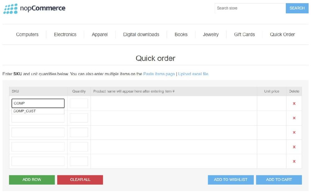 nopcommerce bulk order plugin form auto complete